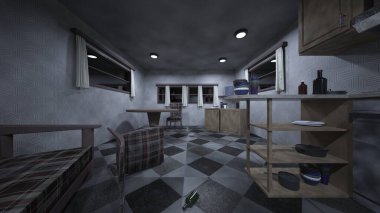 Loş aydınlatılmış yemek mutfağının 3 boyutlu canlandırması