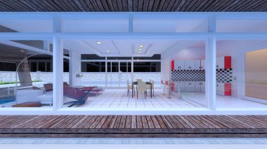 Büyük pencereli oturma odasının 3B görüntüsü