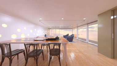 Büyük pencereli oturma odasının 3B görüntüsü