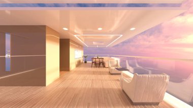 Büyük pencereli oturma odasının 3B görüntüsü