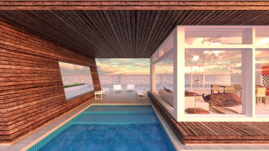 Çatıdaki yüzme havuzunun 3D görüntüsü