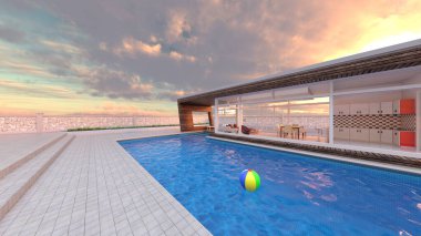 Çatıdaki yüzme havuzunun 3D görüntüsü