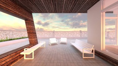 Çatıdaki yüzme havuzunun 3D görüntüsü