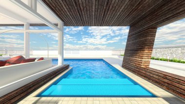 Çatıdaki yüzme havuzunun 3D görüntüsü