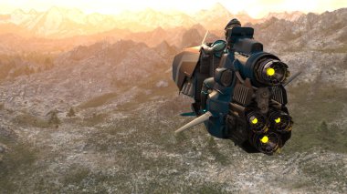 3D rendering of a cyber man riding the spaceship