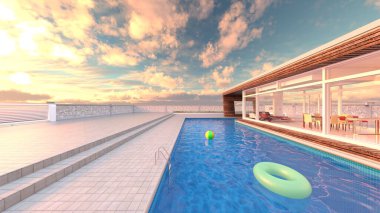 Çatıdaki yüzme havuzunun 3D görüntüsü