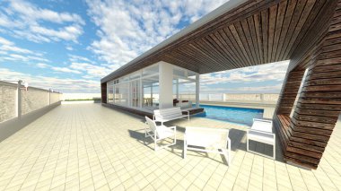 Çatıdaki yüzme havuzunun 3D görüntüsü