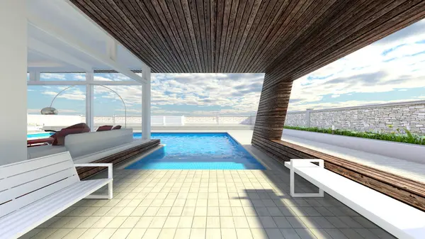 Çatıdaki yüzme havuzunun 3D görüntüsü