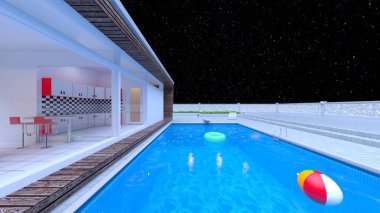 Çatıdaki yüzme havuzunun 3D görüntüsü