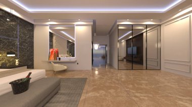 Büyük pencereli oturma odasının 3B görüntüsü