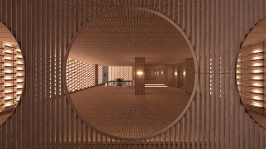 Koridorun 3 boyutlu tasarımı. Özenle tasarlanmış ahşap kafes.