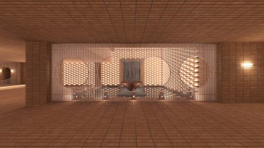 Koridorun 3 boyutlu tasarımı. Özenle tasarlanmış ahşap kafes.