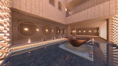 Koridorun 3 boyutlu tasarımı. Özenle tasarlanmış ahşap kafes.