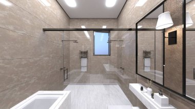 Büyük pencereli oturma odasının 3B görüntüsü