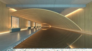 Koridorun 3 boyutlu tasarımı. Özenle tasarlanmış ahşap kafes.