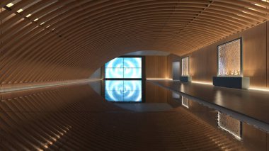 Koridorun 3 boyutlu tasarımı. Özenle tasarlanmış ahşap kafes.