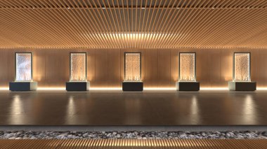 Koridorun 3 boyutlu tasarımı. Özenle tasarlanmış ahşap kafes.