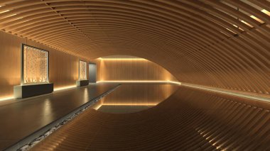 Koridorun 3 boyutlu tasarımı. Özenle tasarlanmış ahşap kafes.