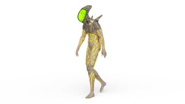 Yüzükoyun yürüyen erkek bir uzaylının 3 boyutlu görüntüsü