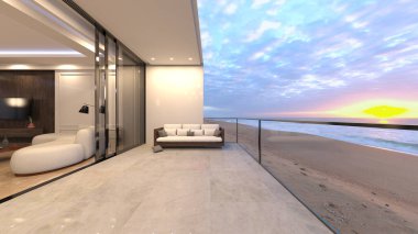 Oturma odasının deniz manzaralı 3D görüntüsü