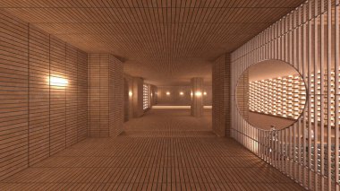 Koridorun 3 boyutlu tasarımı. Özenle tasarlanmış ahşap kafes.