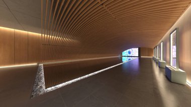 Koridorun 3 boyutlu tasarımı. Özenle tasarlanmış ahşap kafes.