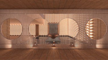 Koridorun 3 boyutlu tasarımı. Özenle tasarlanmış ahşap kafes.