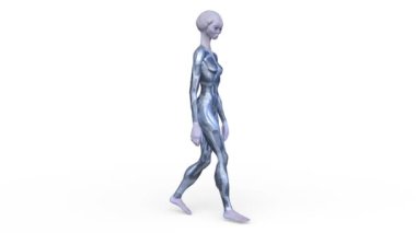 3D rendering of a female alien walking face down