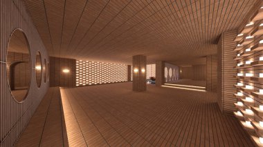 Koridorun 3 boyutlu tasarımı. Özenle tasarlanmış ahşap kafes.