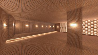 Koridorun 3 boyutlu tasarımı. Özenle tasarlanmış ahşap kafes.