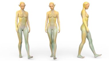 3D rendering of a female alien walking face down