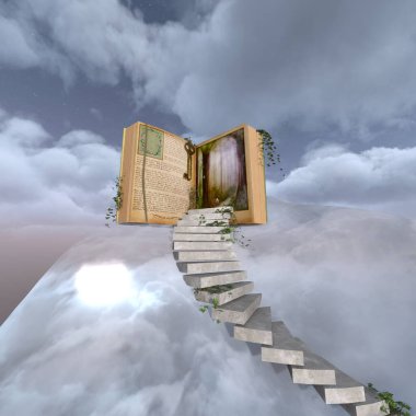 Gökyüzündeki merdivenlerin 3 boyutlu yansıması kitaba öncülük ediyor.