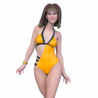 Kleopatra makyajlı bir kadının mayolu 3D görüntüsü.