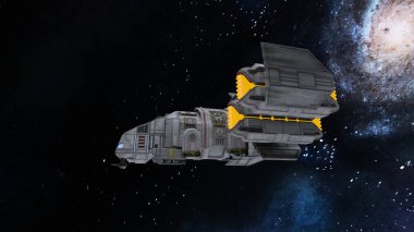 3D rendering of a spaceship and the planet