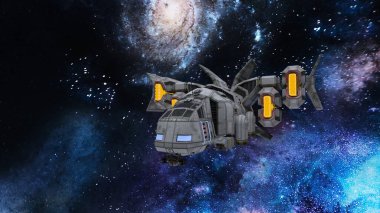 3D rendering of a spaceship and the planet