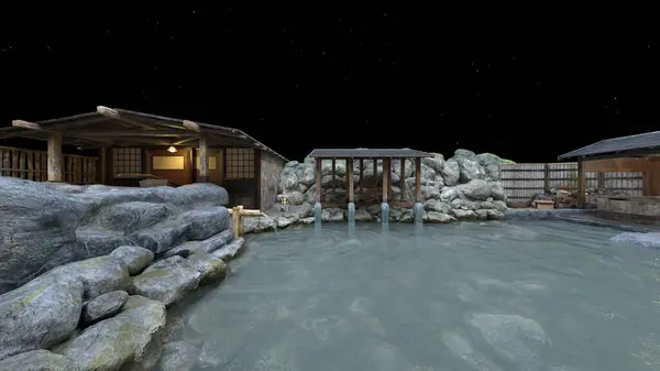 stock image 3D rendering of the Japanese-style inn and open air bath