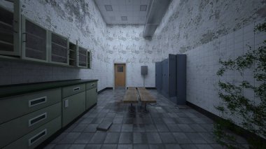 Loş aydınlatılmış yemek mutfağının 3 boyutlu canlandırması