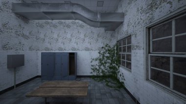 Loş aydınlatılmış yemek mutfağının 3 boyutlu canlandırması