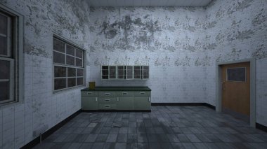 Loş aydınlatılmış yemek mutfağının 3 boyutlu canlandırması