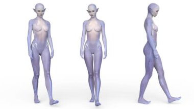 3D rendering of a female alien walking face down
