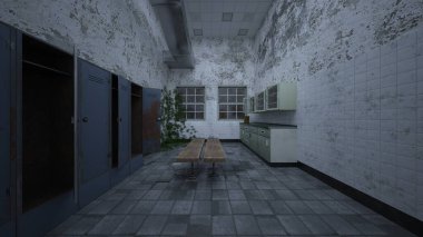 Loş aydınlatılmış yemek mutfağının 3 boyutlu canlandırması