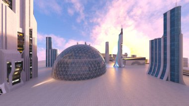 Gelecekteki şehir manzarasının 3B canlandırması