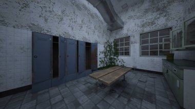 Loş aydınlatılmış yemek mutfağının 3 boyutlu canlandırması