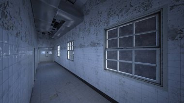 Loş ışıklandırılmış koridorun 3B yansıması