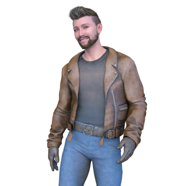 Deri ceketli bir adamın 3 boyutlu görüntüsü.