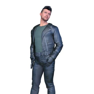 Deri ceketli bir adamın 3 boyutlu görüntüsü.