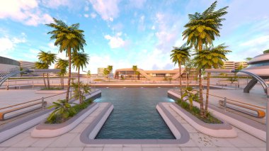 Gelecekteki şehir manzarasının 3B canlandırması