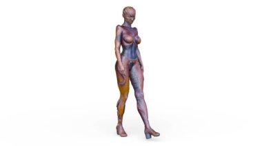 3D rendering of a female alien walking face down