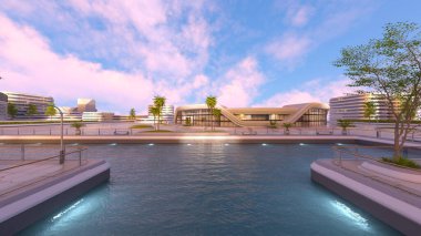 Gelecekteki şehir manzarasının 3B canlandırması