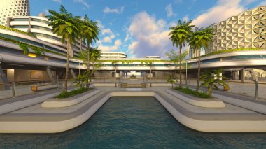 Gelecekteki şehir manzarasının 3B canlandırması